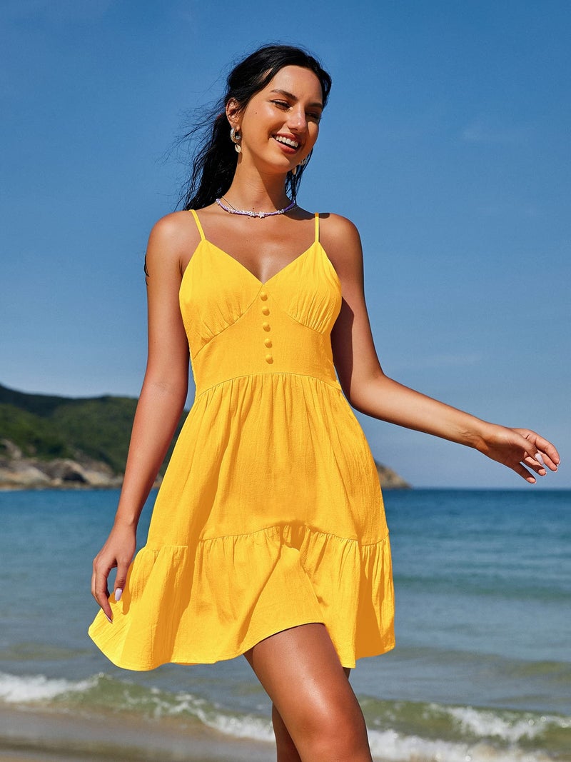 ZAFUL Women's Casual V Neck Summer Mini Dress Spaghetti Strap A-Line Short Dresses Backless Solid Color Sundress (A-f Yellow,M) - Image 5